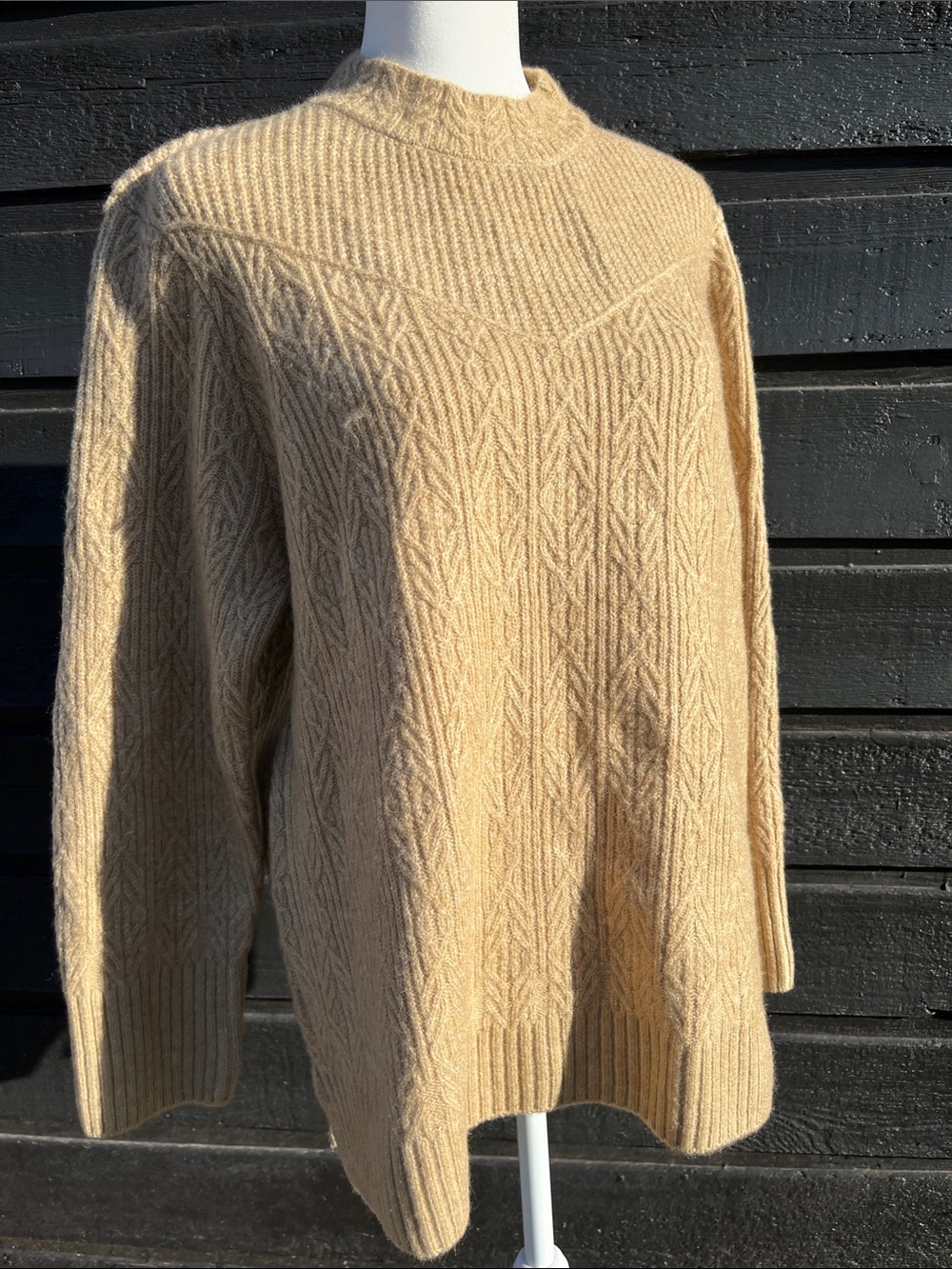 Cozy Soft Tan Cable-Knit Mock Neck Sweater Scandinavian